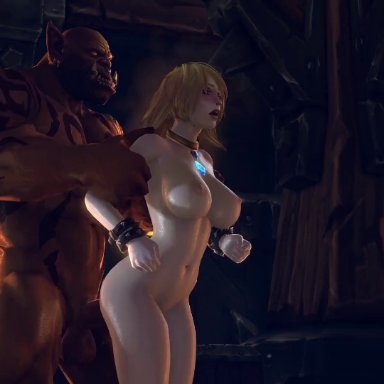 warcraft, world of warcraft, garrosh hellscream, jaina proudmoore, galianbeastsfm, 1male, breasts, cum in pussy, cum inside, holding arms, human, orc, orc male, rape, standing sex