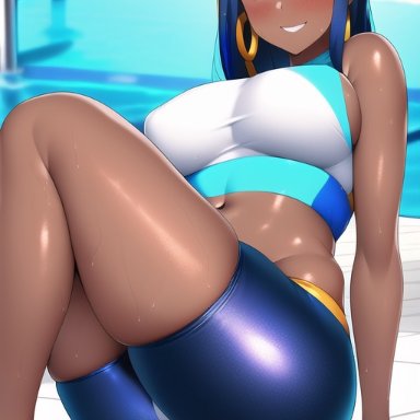 game freak, nintendo, pokemon, pokemon ss, nessa (pokemon), nai diffusion, stable diffusion, 1girls, black hair, blue eyes, blue hair, breasts, brown skin, dark-skinned female, dark skin