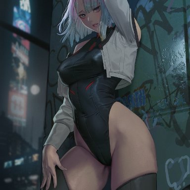 cyberpunk: edgerunners, cyberpunk 2077, lucy (edgerunners), lucyna kushinada, jeneral, 1girls, against wall, arm up, bangs, black leotard, black thighhighs, blue eyes, breasts, cameltoe, covered erect nipples