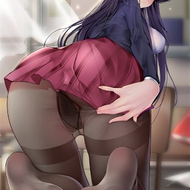 komi-san wa komyushou desu, komi shouko, kamue, 1girls, ass, bent over, clothed, clothed female, clothing, feet, female, foot fetish, pantyhose, purple eyes, purple hair