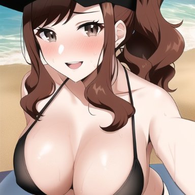 game freak, nintendo, pokemon, pokemon bw, hilda (pokemon), nai diffusion, stable diffusion, 1girls, alternate eye color, beach, bikini, breasts, brown eyes, brown hair, female