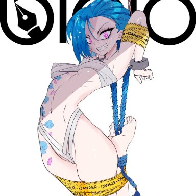 league of legends, jinx (league of legends), bicio, 1girls, bandages, blue hair, bondage, breasts, crazy eyes, handcuffs, looking at viewer, navel, pink eyes, solo female, suspended