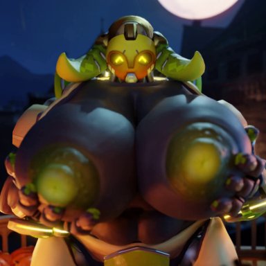 activision, blizzard entertainment, halloween, overwatch, omnic, orisa, snips456, snips456fur, 1girls, big breasts, black skin, female, green nipples, hyper breasts, lactation