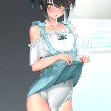 nijisanji, mashiro (nijisanji), karasu (jjwh2832), 1boy, black hair, bulge, crossdressing, femboy, girly, male, male focus, male only, otoko no ko, otokonoko, solo