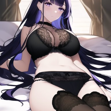 genshin impact, raiden shogun, nai diffusion, stable diffusion, 1girls, bed, bed sheet, black bra, black panties, black thighhighs, blush, bra, breasts, cleavage, curvy