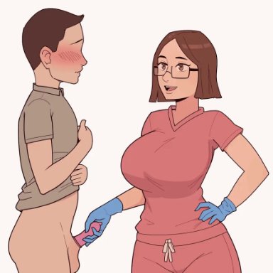 mare ten, blush, clothed female nude male, condom, cum in condom, ejaculation, glasses, gloves, handjob, large breasts, nurse, rubbing penis, white background, wide hips, 2d