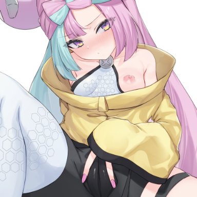 pokemon, pokemon (game), pokemon sv, iono (pokemon), mizuongaku, aqua hair, bangs, bare shoulders, blush, breasts, character hair ornament, female, hair ornament, jacket, long hair