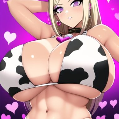 danganronpa, new danganronpa v3, akamatsu kaede, nai diffusion, stable diffusion, bikini, bimbo, blonde hair, cow print, female, female only, from below, gyaru, huge breasts, pink eyes