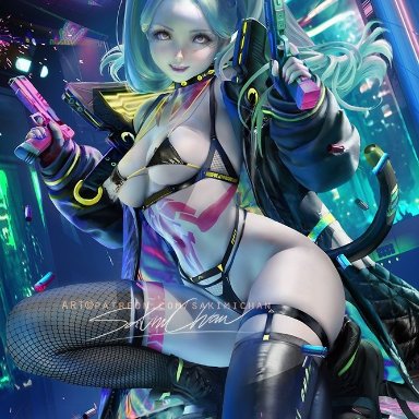 cd projekt red, cyberpunk: edgerunners, cyberpunk 2077, studio trigger, rebecca (edgerunners), sakimichan, 1girl, 1girls, bikini, cyborg, female, female only, fishnets, kneeling, micro bikini