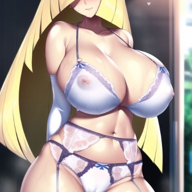 game freak, nintendo, pokemon, pokemon sm, lusamine (pokemon), nai diffusion, stable diffusion, 1girls, alternate breast size, blonde hair, breasts, female, female only, green eyes, hips