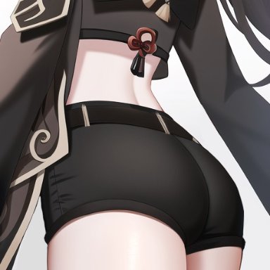 genshin impact, hu tao (genshin impact), nai diffusion, stable diffusion, ass, ass focus, black shorts, brown hair, female, from behind, long hair, shiny, shiny skin, short shorts, shorts