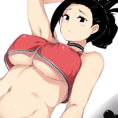 my hero academia, minoru mineta, momo yaoyorozu, moisture (chichi), black eyes, black hair, blush, breasts, cheerleader, choker, crop top, high ponytail, large breasts, long hair, looking at viewer