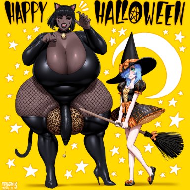 halloween, annabelle (fellatrix), daisy (fellatrix), fellatrix, big balls, black hair, blue hair, broom, cat ears, cat tail, costume, couple, dress, female, fishnets