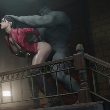 resident evil, resident evil 2, resident evil 2 remake, claire redfield, mr x, tyrant, pantslessanimations, 1boy, 1girl, 1girls, ambiguous penetration, areolae, ass, boots, bouncing ass