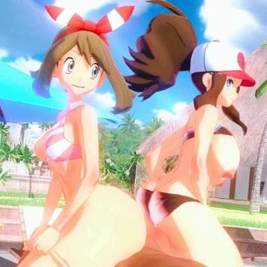 pokemon, pokemon bw, pokemon rse, hilda (pokemon), may (pokemon), artist request, 1boy, 1girls, 2girls, after buttjob, ass, ass focus, big ass, brown hair, buttjob