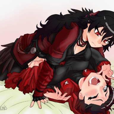 rooster teeth, rwby, raven branwen, ruby rose, khartemis, 2girls, adult, adult and teenager, age difference, ahe gao, ahoge, armor, asymmetrical docking, bed, bedsheets