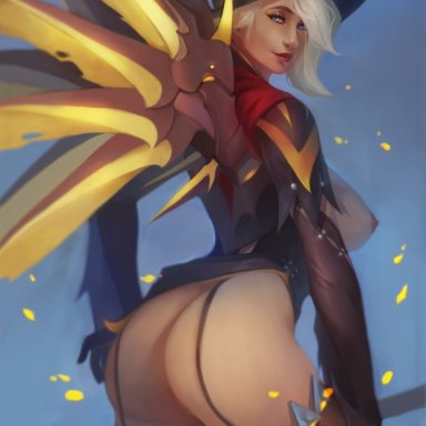 blizzard entertainment, overwatch, mercy, witch mercy, lanoun, 1girls, ass, big ass, big breasts, blonde hair, blue eyes, breasts, breasts out, breasts outside, exposed breasts