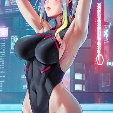 cd projekt red, cyberpunk: edgerunners, cyberpunk 2077, studio trigger, lucy (edgerunners), lucyna kushinada, foxyrain, foxyreine, 1girls, armpits, arms up, bouncing breasts, breasts, cityscape, competition swimsuit
