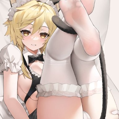 genshin impact, lumine (genshin impact), hyouuma, alternate costume, anal tail, animal ears, anus, ass, bangs, bare shoulders, blonde hair, blush, breasts, cameltoe, cat ears