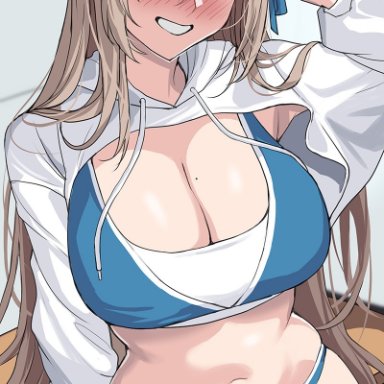 blue archive, asuna (blue archive), drogod (artist), 1girls, beauty mark, blonde hair, blue eyes, breasts, cleavage, cropped hoodie, female, hair over one eye, hoodie, huge breasts, light-skinned female