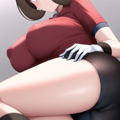 game freak, nintendo, pokemon, pokemon rse, may (pokemon), nai diffusion, stable diffusion, 1girls, ass, bandana, bike shorts, blue eyes, blush, breasts, brown hair