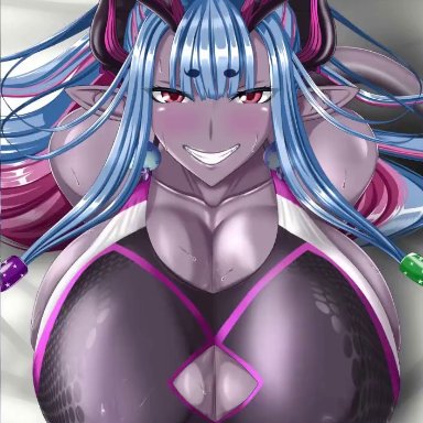 fate/grand order, fate (series), ibuki douji (fate), juno (artist), 1boy, 1girls, alternate breast size, audible ejaculation, big breasts, black swimsuit, blue hair, blush, bouncing breasts, breasts, cleavage