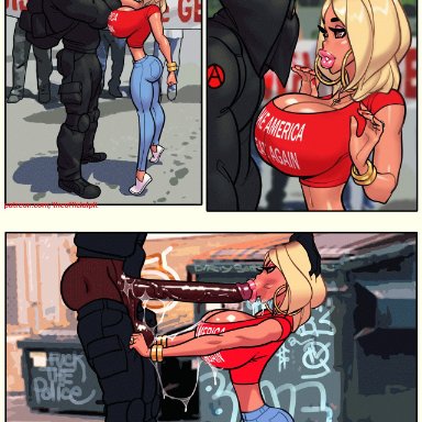 ashley (thepit), theofficialpit, 1boy, :&gt;=, angry dragon, antifa, areolae, ass, athletic, big breasts, big earrings, big lips, bimbo, blonde hair, blowjob