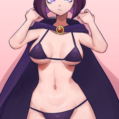 dc, dc comics, teen titans, raven, raven (dc), sagaandersart, 1girls, bikini, breasts, goth, medium breasts, navel, purple hair, short hair, solo female