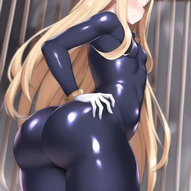 fate/grand order, fate (series), nai diffusion, stable diffusion, 1girls, ass, ass focus, blonde hair, bodysuit, from behind, huge ass, long hair, shiny, shiny clothes, skin tight