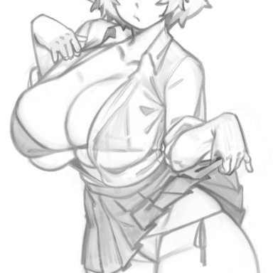 my hero academia, mina ashido, kelvin hiu, bikini, bikini under clothes, black sclera, cleavage, horns, huge breasts, messy hair, miniskirt, open mouth, pink hair, pink skin, school uniform