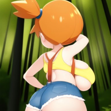 game freak, nintendo, pokemon, pokemon rgby, kasumi (pokemon), nai diffusion, stable diffusion, 1girls, alternate breast size, areolae, backboob, blush, booty shorts, breasts, bursting breasts