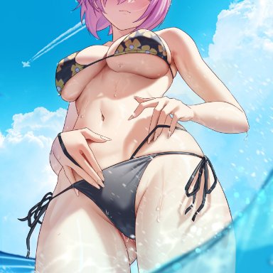 fate/grand order, fate (series), sono bisque doll wa koi wo suru, kitagawa marin (cosplay), mash kyrielight, solar (happymonk), 1girls, aircraft, airplane, alternate costume, ass visible through thighs, bangs, bare arms, bare shoulders, beautiful