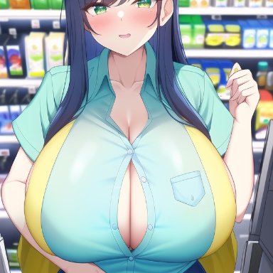 original, original character, nai diffusion, stable diffusion, 1girls, blue hair, blush, breasts, breasts bigger than head, bursting breasts, bust, busty, button gap, cleavage, employee uniform