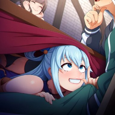 aqua (konosuba), megumin, satou kazuma, neocoill, 1boy, 2girls, bare shoulders, black panties, black thighhighs, blue dress, blue eyes, blue hair, brown hair, bulge, clenched hand