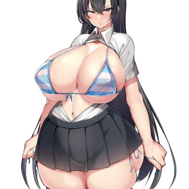 kawahagitei, 1girls, bra, embarrassed, female, female only, huge ass, huge breasts, light-skinned female, light skin, school uniform, sweat, thick thighs