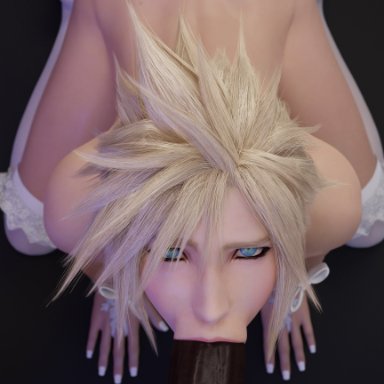 final fantasy vii remake, cloud strife, roriori, 2boys, all fours, androgynous, ass, blonde, blonde hair, blowjob, blowjob face, blue eyes, butt, dark-skinned male, femboy