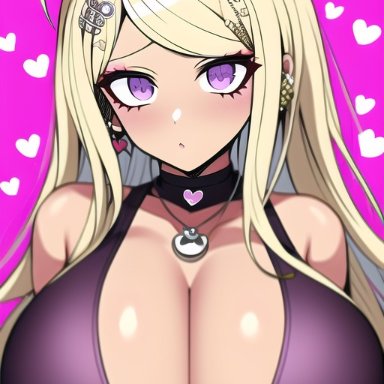 danganronpa, new danganronpa v3, akamatsu kaede, nai diffusion, stable diffusion, barely clothed, bimbo, cleavage, female, female only, gyaru, huge breasts, inner sideboob, ai generated, tagme