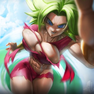 dragon ball, dragon ball super, kefla, elitenappa, 1girls, abs, armband, battle, big breasts, blue eyes, breasts, busty, cameltoe, cleavage, clouds