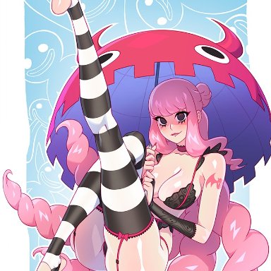 one piece, perona, kajinman, 1girls, ass, blush, feet, lingerie, long hair, looking at viewer, partially clothed, pink hair, smile, socks, solo