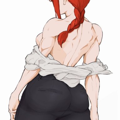 chainsaw man, shounen jump, makima (chainsaw man), yoracrab, 1girls, back, back view, big ass, big breasts, female, female only, muscular, muscular female, red hair, topless