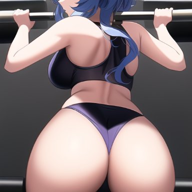 genshin impact, ganyu (genshin impact), nai diffusion, stable diffusion, 1girls, ass, ass focus, back, back view, bare shoulders, blue hair, breasts, female, from behind, hips