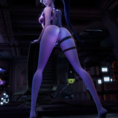 overwatch, overwatch 2, widowmaker, meltrib, ass, big ass, blue hair, breasts, chair, colored skin, female, from behind, head-mounted display, long hair, looking at viewer