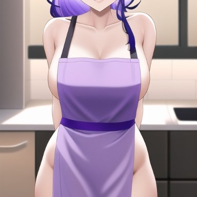 genshin impact, raiden shogun, nai diffusion, stable diffusion, 1girls, apron, apron only, arms behind back, blush, breasts, female, hips, huge breasts, indoors, kitchen