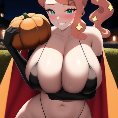 game freak, halloween, nintendo, pokemon, pokemon ss, sonia (pokemon), nai diffusion, stable diffusion, 1girls, alternate breast size, bikini, blue eyes, breasts, cape, cleavage