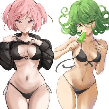 ddlc, doki doki literature club, one-punch man, tatsumaki, rakeemspoon, bikini, exposed, green eyes, green hair, licking, licking popsicle, looking at viewer, medium breasts, pink eyes, pink hair