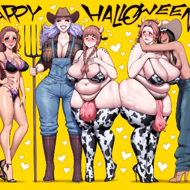 halloween, ashley (fellatrix), cleo (fellatrix), karen (fellatrix), lydia (fellatrix), sarah (fellatrix), fellatrix, 2futas, 3girls, bikini, blush, boots, couple, cow udder, embarrassed