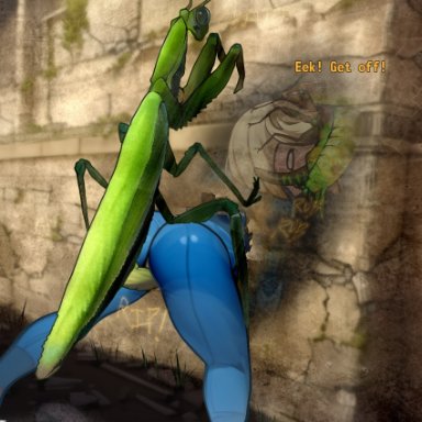 fallout, fallout new vegas, vault dweller, vault girl, vault meat, zoquete, 1girls, blonde hair, bob cut, bodysuit, insects, jumpsuit, mantis, rape, spitroast