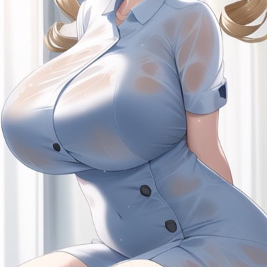 genshin impact, barbara (genshin impact), nai diffusion, stable diffusion, 1girls, aged up, alternate body type, alternate breast size, blonde hair, breasts, eyes out of frame, female, hips, huge breasts, long hair