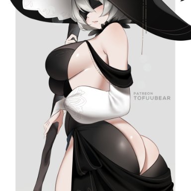 nier, nier: automata, yorha 2b, tofuubear, 1girls, android, android girl, ass, back, back view, blindfold, breasts, bubble butt, dress, female