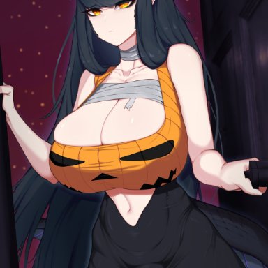 halloween, sep (artist), 1futa, black hair, breasts, bulge, cleavage, clothed, clothing, erection under skirt, flaccid, fully clothed, futa only, futanari, gigantic penis